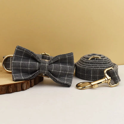Add timeless elegance to your dog’s look with the Luxury Plaid Bow Tie Collar Collection. Premium quality, stylish plaid patterns, and detachable bow ties for versatile charm. grey plaid bow and leash