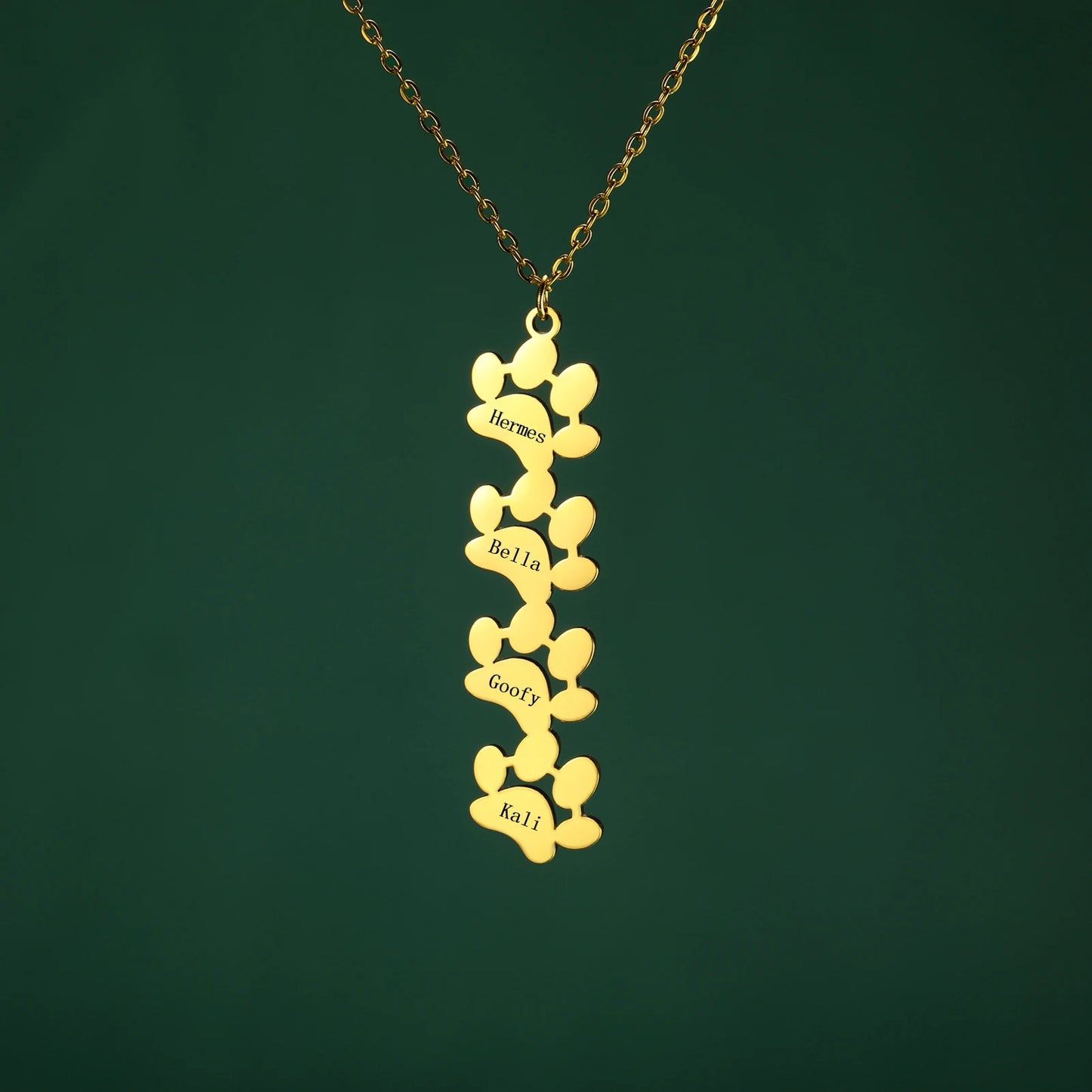 custom engraved necklace with dog paws to customize with your dog name 4 gold paws