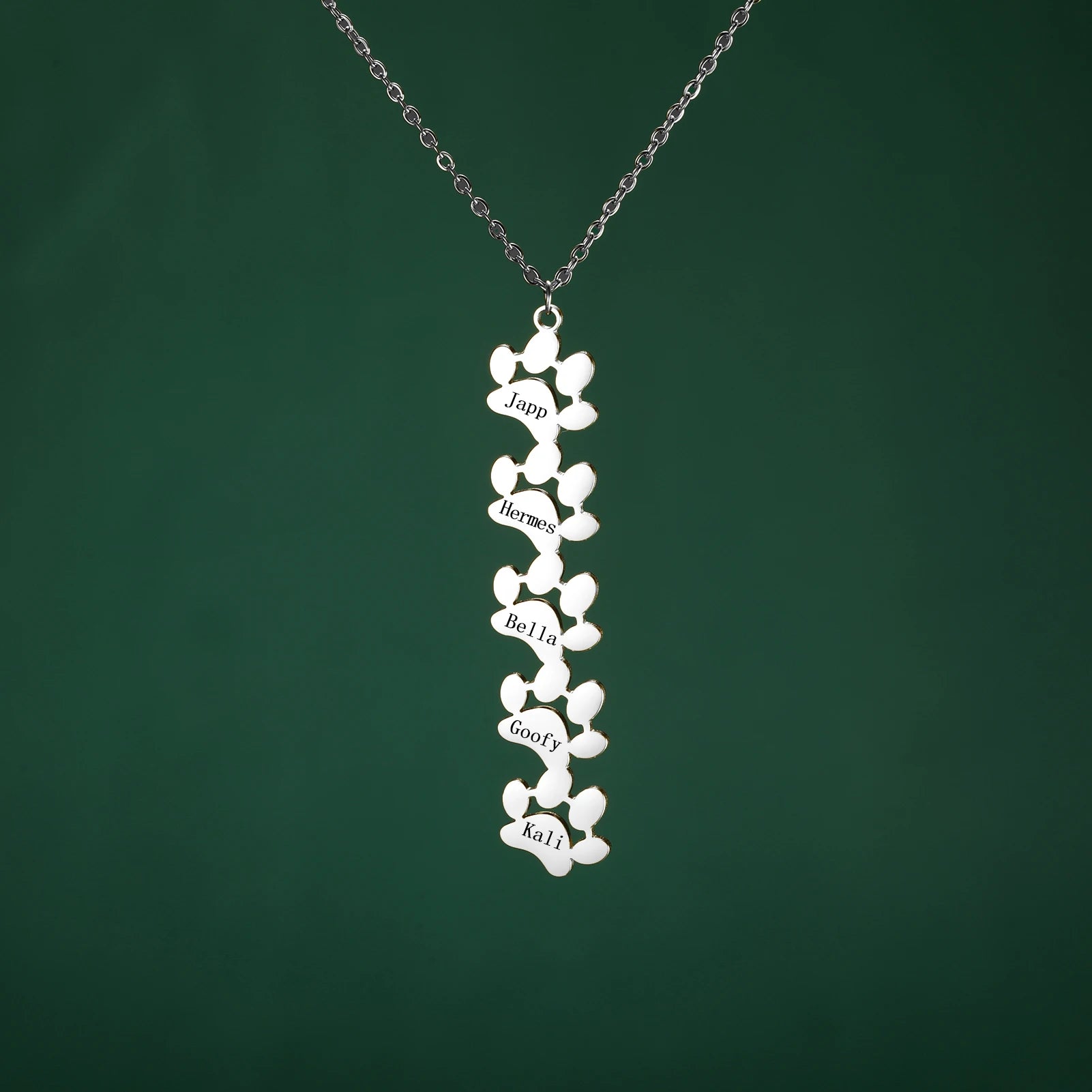custom engraved necklace with dog paws to customize with your dog name5 silver paws