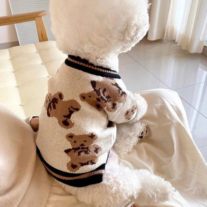 Cardigan Teddy Snuggle – Suéter de malha listrado com estampa de urso para pequenos animais de estimação