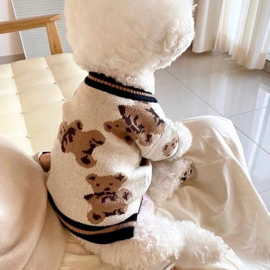 Cardigan Teddy Snuggle – Suéter de malha listrado com estampa de urso para pequenos animais de estimação