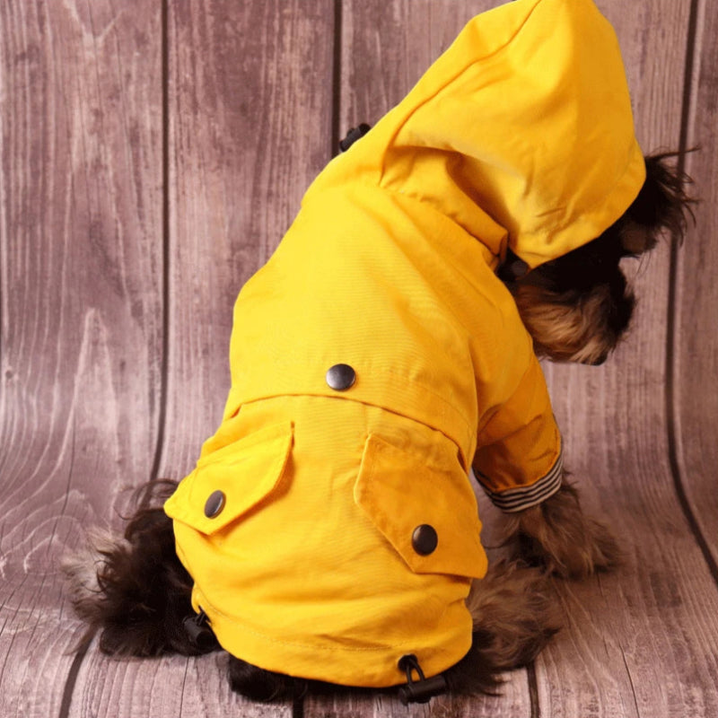 Keep your dog dry and stylish with the Ulti-Mate Full-Body Waterproof Dog Raincoat. Full coverage, adjustable fit, and reflective accents for safety in the rain. dog with yellow rain chacket nd hoodie on