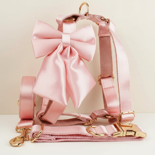 Conjunto de laço, coleira, guia e peitoral de seda Pinkie Luxe para cães - personalizado