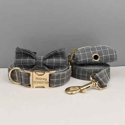 Conjunto de coleira, guia, peitoral, suporte para saco de cocô e laço para cachorro personalizado em cinza - Edição Designer 