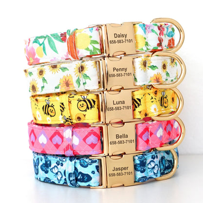 Floral White Background Personalized Dog Collar – Custom Nylon Collar with Engraved ID Tag for Small to Large Dogs