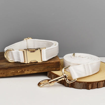 Conjunto de coleira, guia, peitoral e laço brancos personalizados chiques para cães