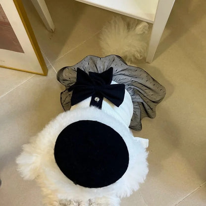 Dress your pup in luxury with the Elegant Bow Lace Dog Dress. Soft lace, a stunning bow, and a comfortable fit make this dress perfect for any stylish occasion. top view of dog model