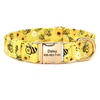 Yellow Bees Personalized Dog Collar – Custom Nylon Collar with Engraved ID Tag for Small to Large Dogs