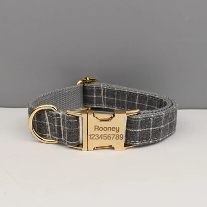 Add timeless elegance to your dog’s look with the Luxury Plaid Bow Tie Collar Collection. Premium quality, stylish plaid patterns, and detachable bow ties for versatile charm. grey plaid engraved collar