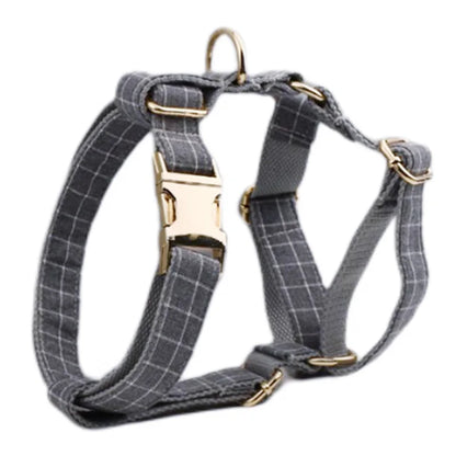 Conjunto de coleira, guia, peitoral, suporte para saco de cocô e laço para cachorro personalizado em cinza - Edição Designer 