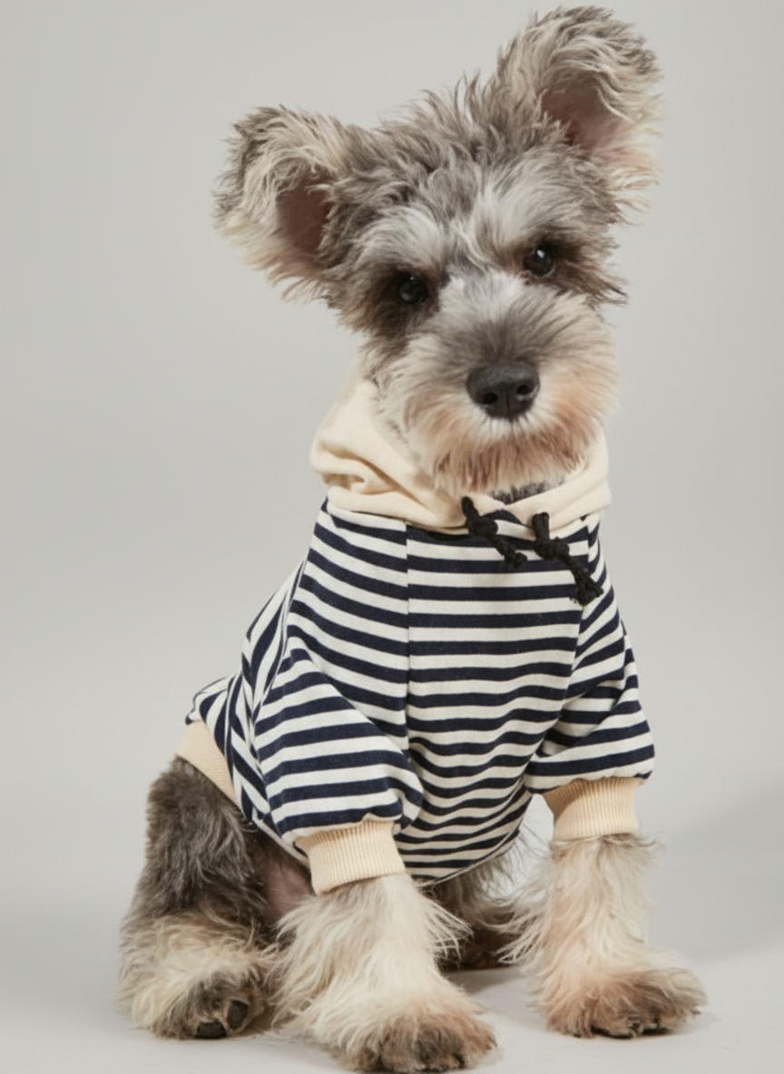 Small dog wearing a striped outfit on a light background