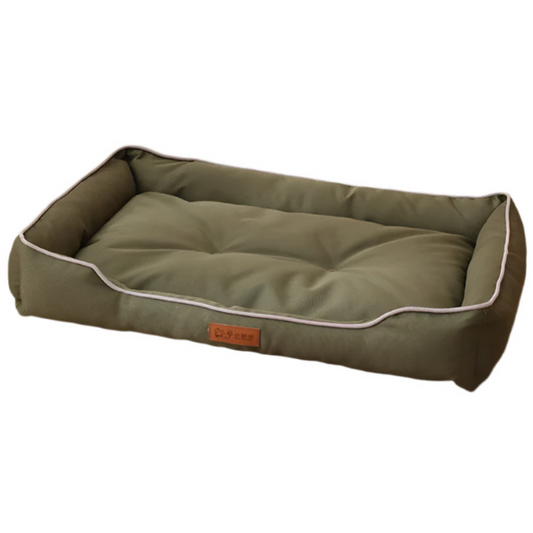 Green pet bed with white trim on a white background
