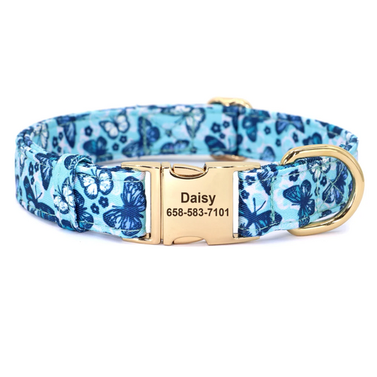 Blue Butterflies Personalized Dog Collar – Custom Engraved ID Nylon Collar for Small to Large Dogs