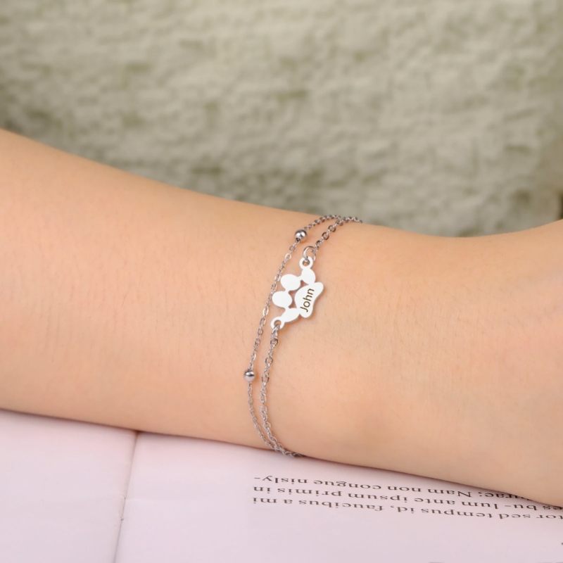 Pulseira personalizada com pata de cão gravada – Joia em aço inoxidável para amantes de animais de estimação 