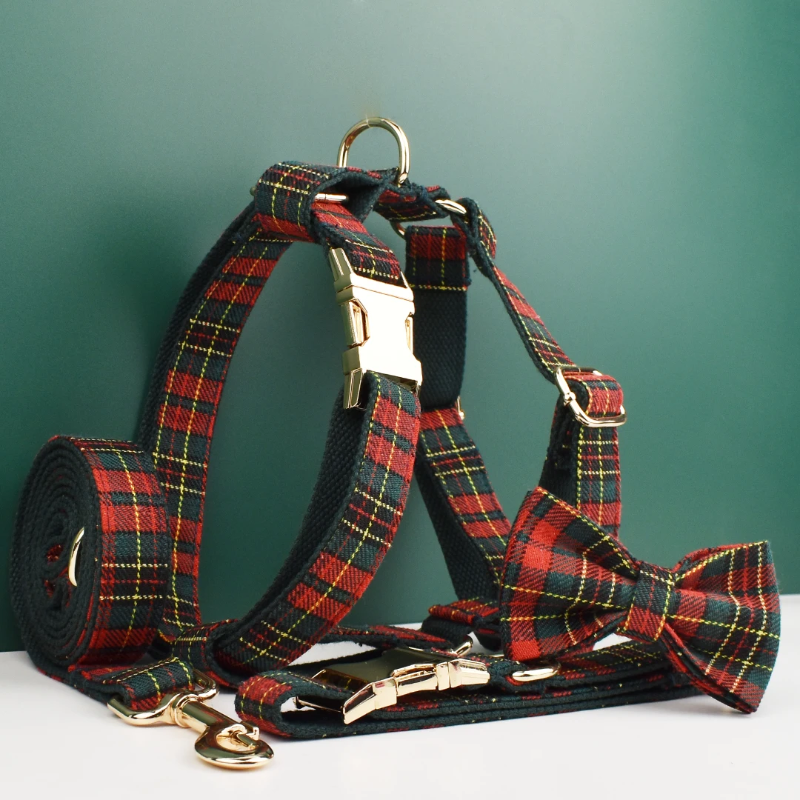 Plaid dog harness and leash set on a green background