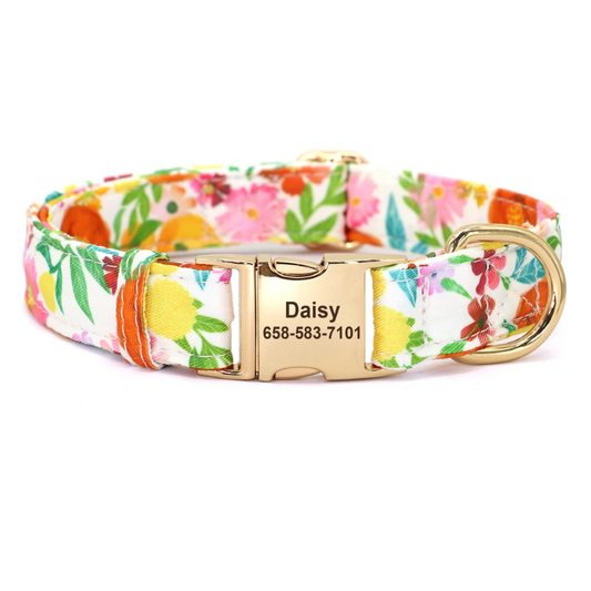 Floral White Background Personalized Dog Collar – Custom Nylon Collar with Engraved ID Tag for Small to Large Dogs