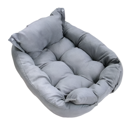 Discover the SnuggleFlex™ 3-in-1 Convertible Dog Bed – a stylish, multifunctional haven offering nest, sofa, and mattress configurations in grey, blue, or brown. Perfect comfort for your furry friend! grey color