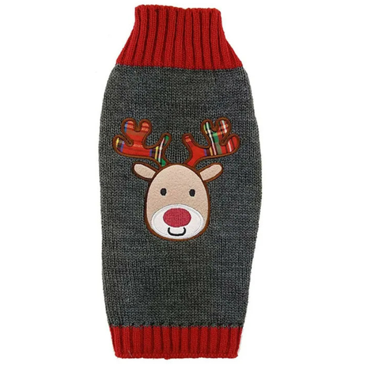 Grey Reindeer Holiday Pup Sweater – Warm Christmas Knit for Dogs
