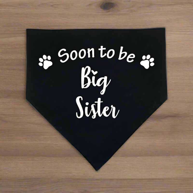 A black pet bandana with white text 'Soon to be Big Sister' and white paw prints.