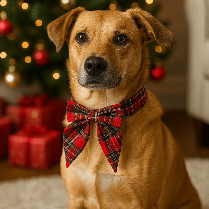 Dog wearing a red plaid bow tie in front of a decorated Christmas tree with presents.
