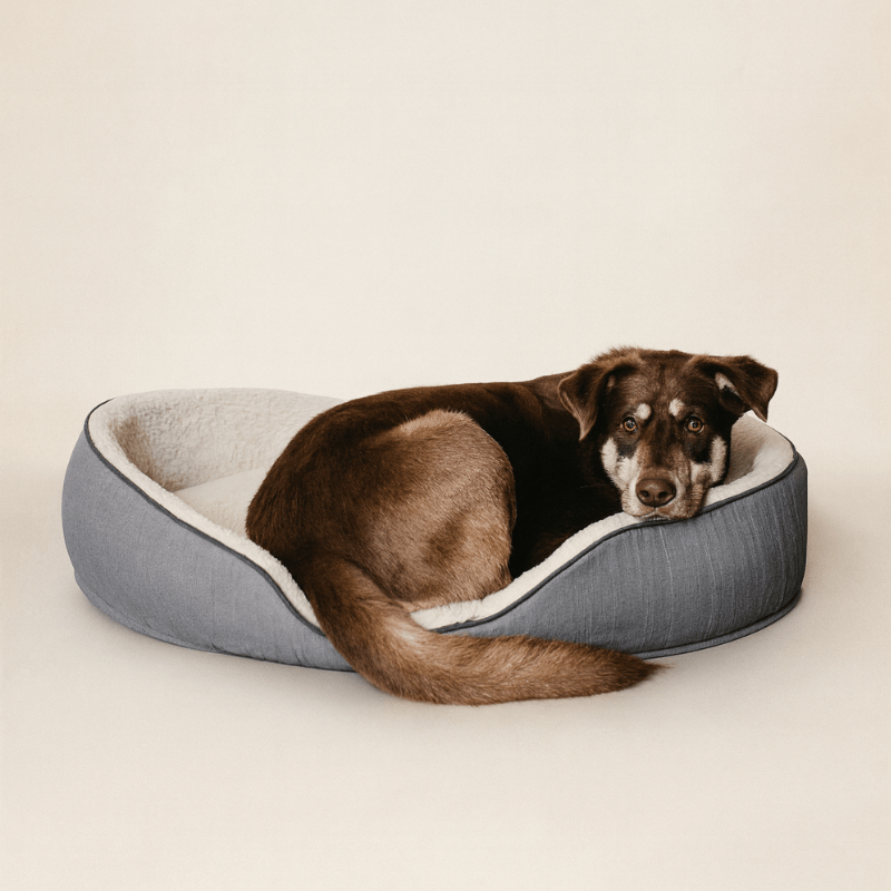 dog on grey bed at the fur pal