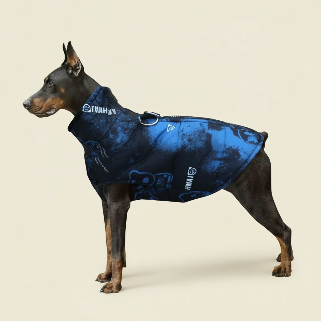 dog wearing a blue puffer jacket vest from the fur pal