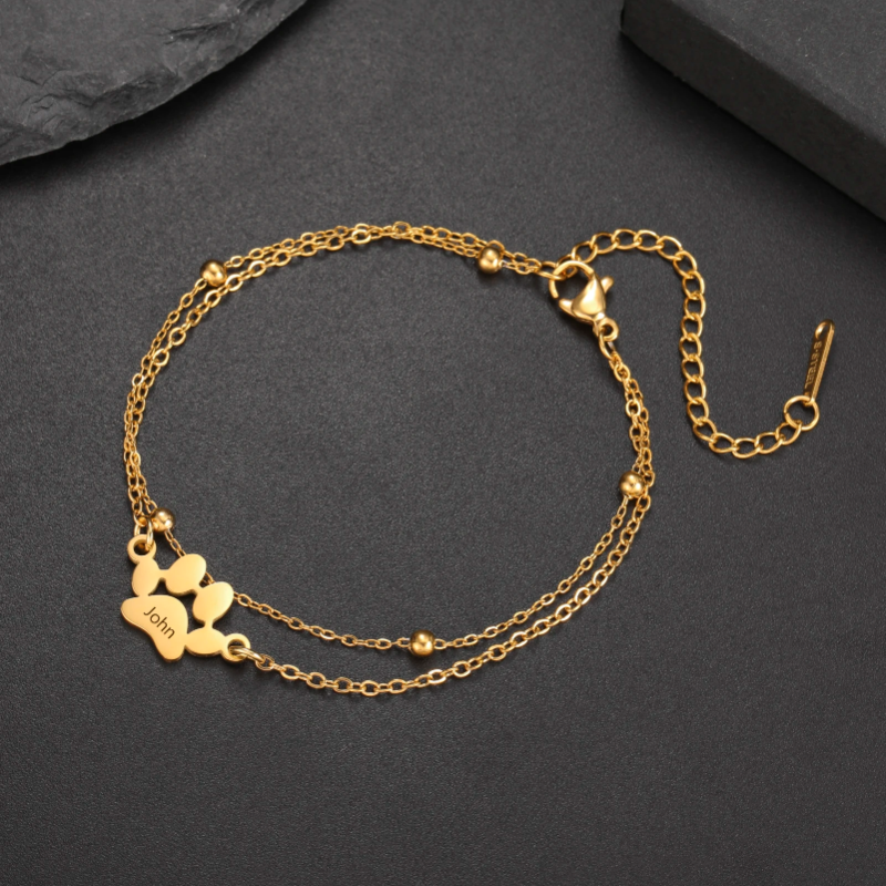Pulseira personalizada com pata de cão gravada – Joia em aço inoxidável para amantes de animais de estimação 