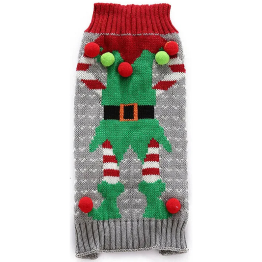 Grey Elf Holiday Pup Sweater – Warm Christmas Knit for Dogs