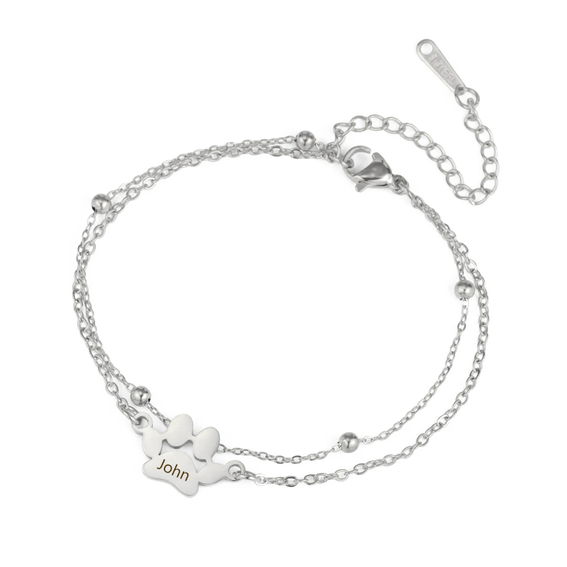Pulseira personalizada com pata de cão gravada – Joia em aço inoxidável para amantes de animais de estimação 