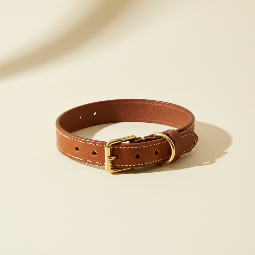 Hyper-realistic studio image of a premium dog collar, neatly arranged to show the full design and buckle. Soft cream background, subtle shadows, soft diffused lighting. Centered, clean, high-end eCommerce style. Do not alter the product. No text, props, people, or pets.