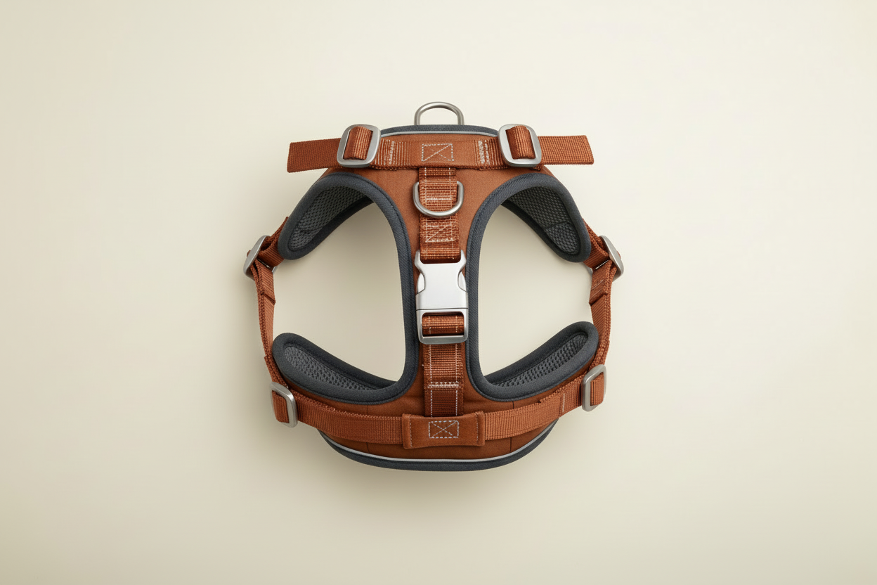 Hyper-realistic studio image of a premium dog harness, fully assembled and laid flat to show structure and hardware. Soft cream background, subtle shadows, soft diffused lighting. Centered, consistent scale. Do not alter the product. No text, props, people, or pets.