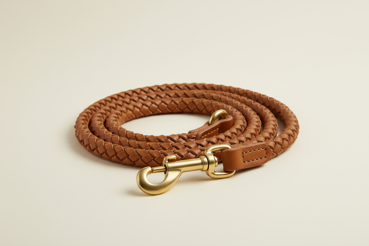 Hyper-realistic studio image of a premium dog leash, arranged in a gentle curve or loose coil to show texture and clasp. Soft cream background, subtle shadows, soft diffused lighting. Centered, clean eCommerce style. Do not alter the product. No text, props, people, or pets.
