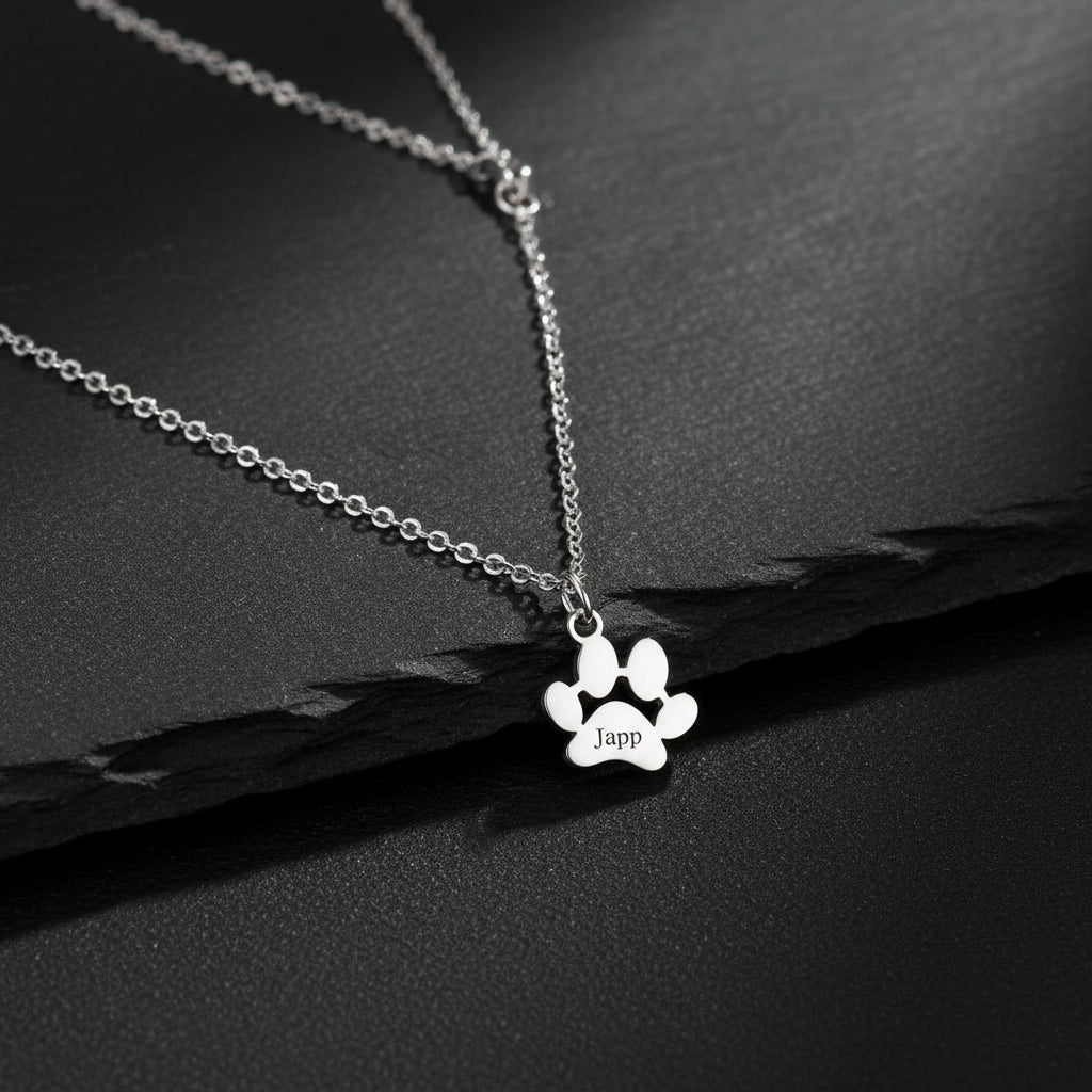 custom engraved necklace with dog paws to customize with your dog name 1 paw in silver