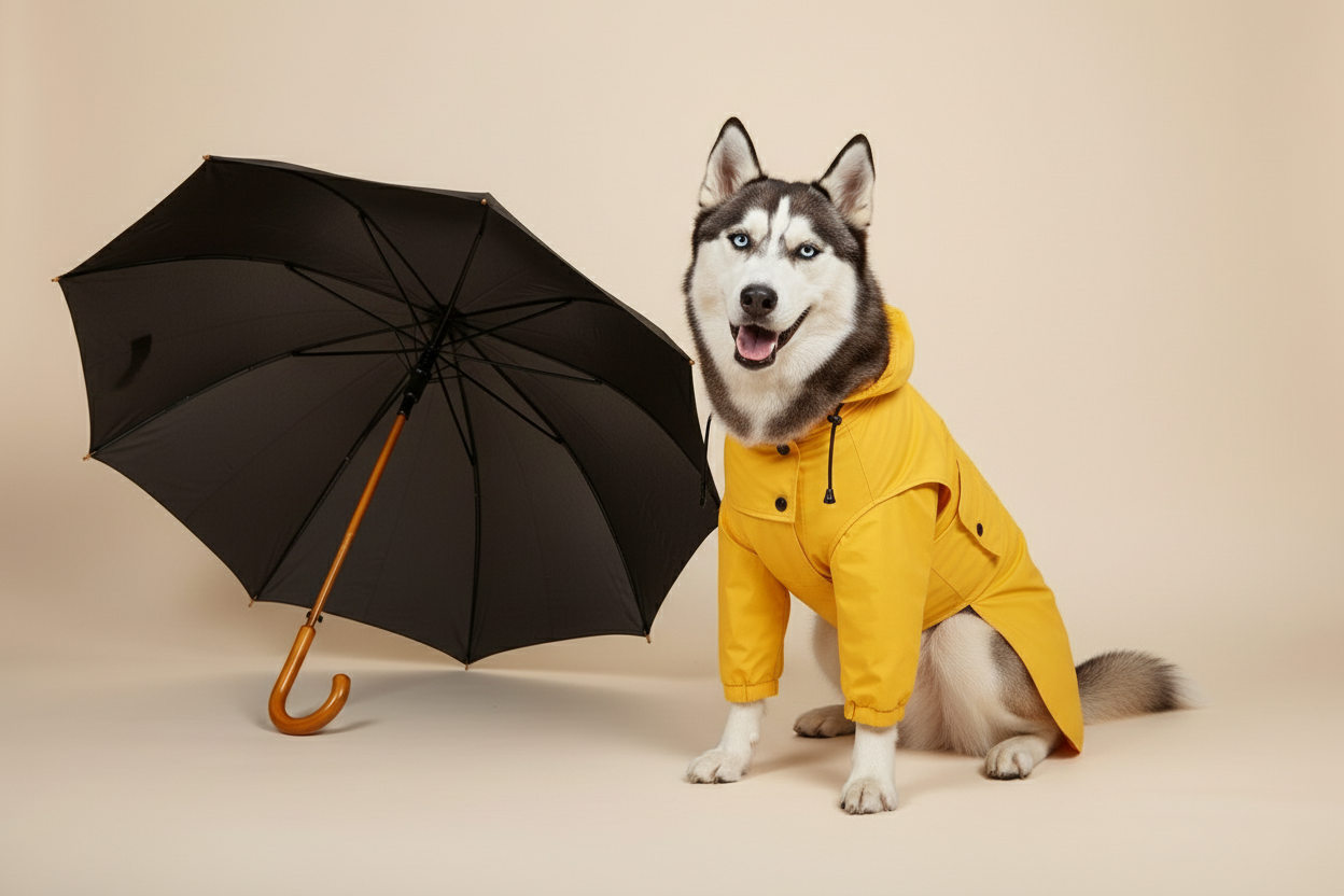 put cleeves on the front legs of dog on the rain coat. make the dog smiling realistically and sitting down