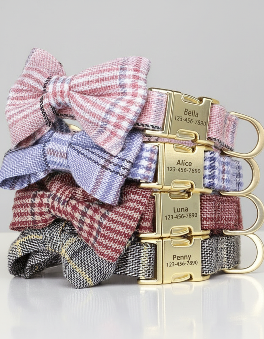 set of stacked custom engraved dog collars available at the fur pal