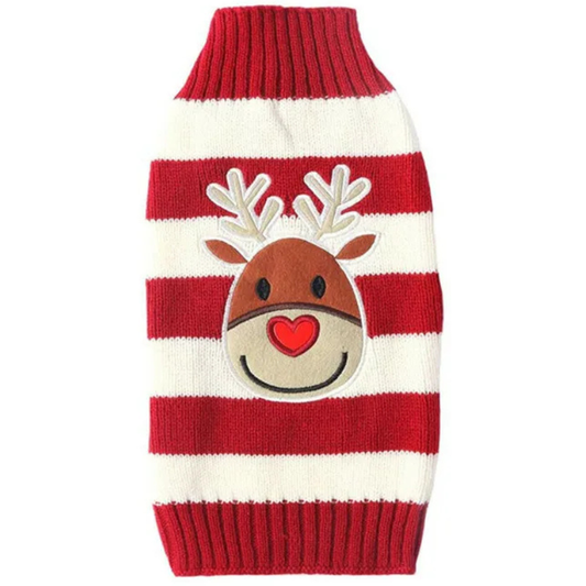 Striped Deer Holiday Pup Sweater – Warm Christmas Knit for Dogs